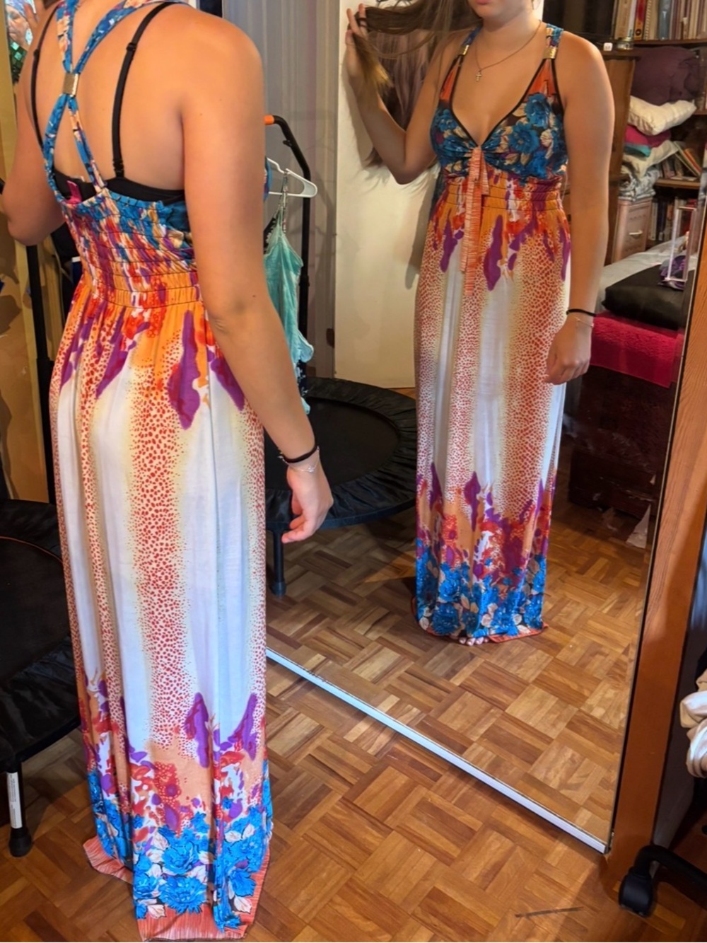 Boho Floral Orange-Blue Maxi Dress with Smocked Waist